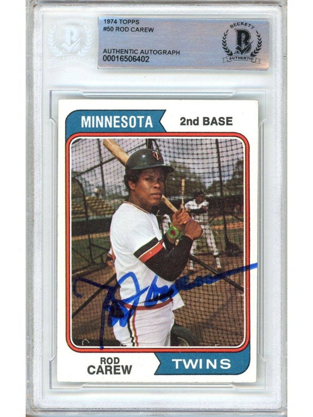 Rod Carew Signed 1974 Topps #50 Minnesota Twins HOF Beckett BAS Slabbed MLB Auto